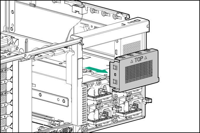 6. Install the riser cage. CAUTION: To avoid damaging the connectors, always install the air baffle into the server before installing the riser cages. 7.