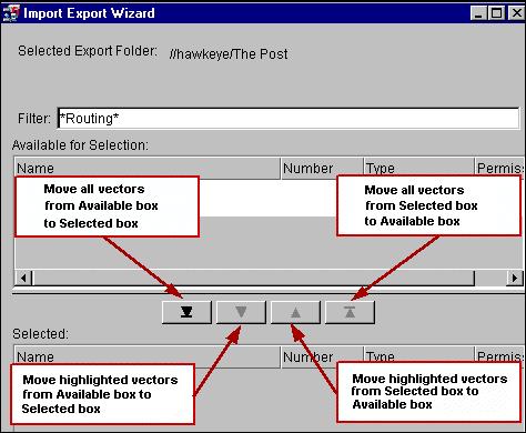 Chapter 4: Getting started with Avaya Visual Vectors Example: The following window illustrates the purpose of the arrows. 6. After you have moved the vectors to the Selected: box, click Next.