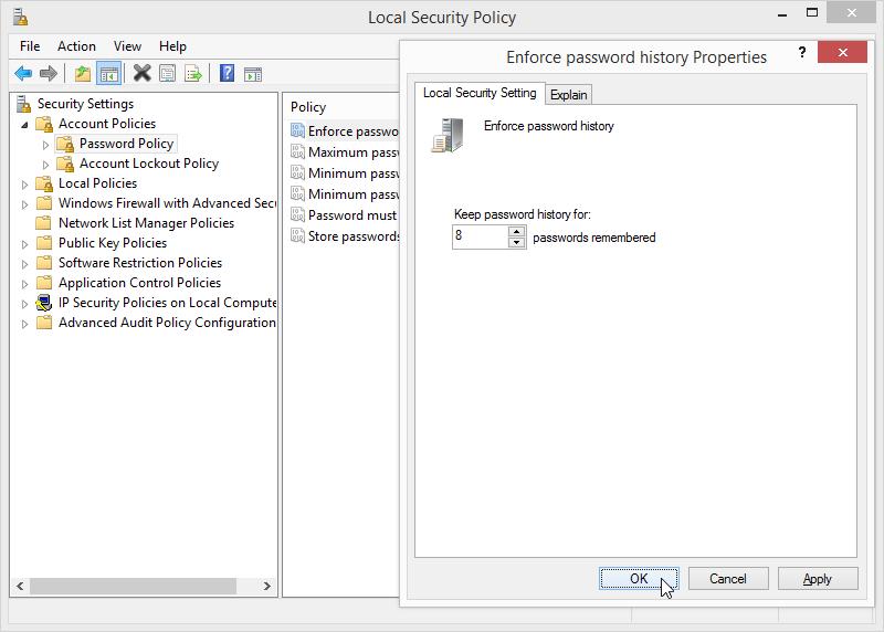 a. Click the arrow next to Account Policies to expand it, and then click Password Policy. Six policies are displayed in the right panel with their associated default security settings. b.