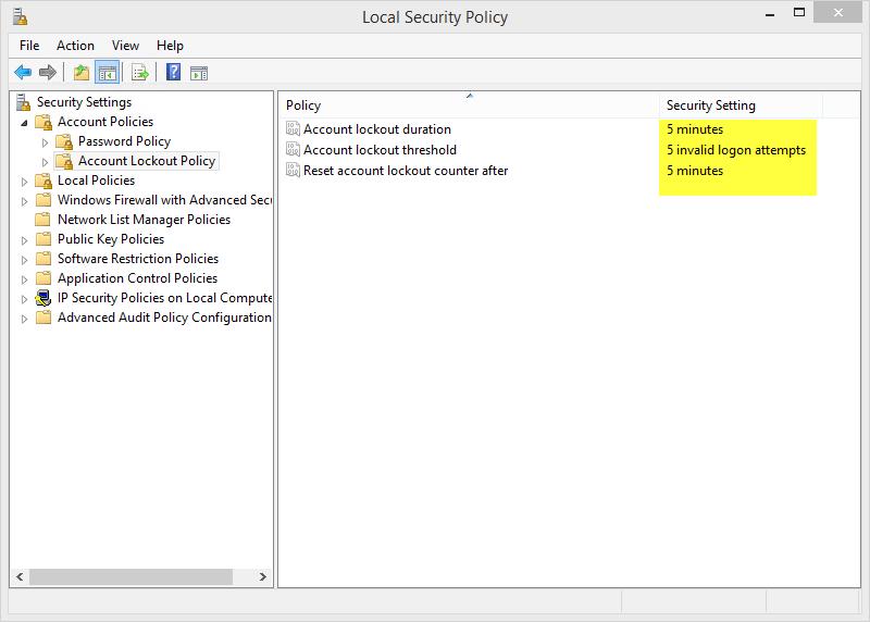 c. Use the Account Lockout Policy security settings in Local Security Policy to configure the policy requirements. When done, your configuration should look like the following.