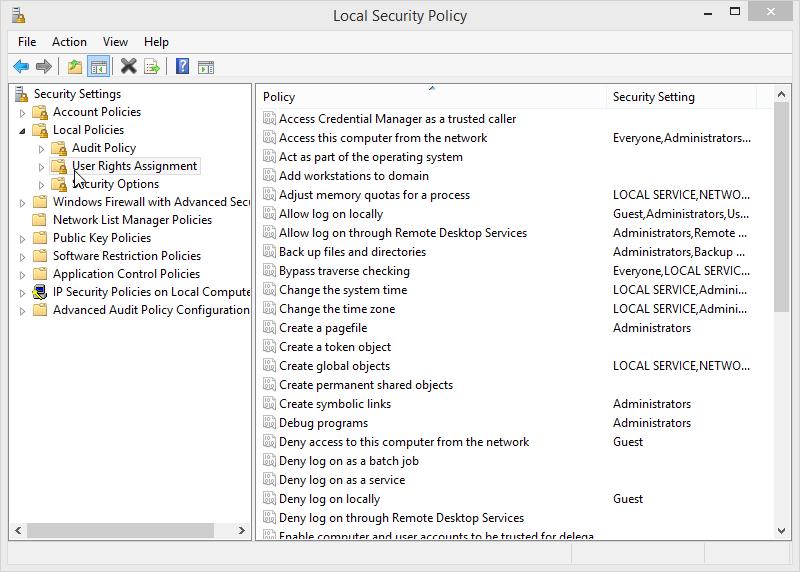 Step 6: Configure additional Local Policies security settings a. In Local Security Policy, click User Rights Assignment under Local Policies to view the security settings. b.