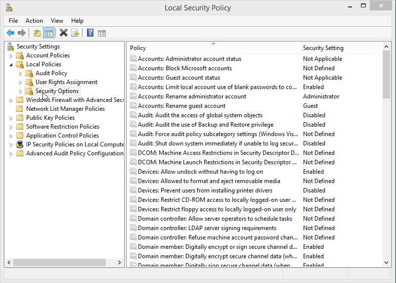 c. In Local Security Policy, click Security Options under Local Policies to view the security settings. d.