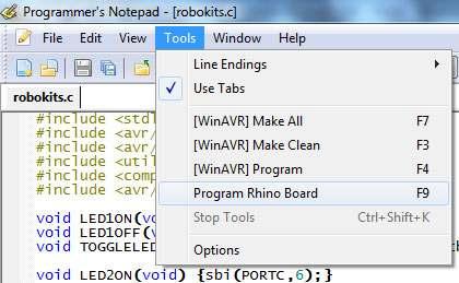 Using Rhino Sample codes Copy sample codes provided on Rhino bard CD to hard drive Open robokits.c file from any sample code folder using Programmers notepad.