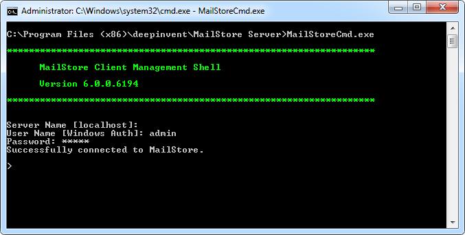 MailStore Server Management Shell 121 Option 2: Starting the Management Shell with MailStoreCmd.exe The command line client can be started in interactive mode by executing MailStoreCmd.