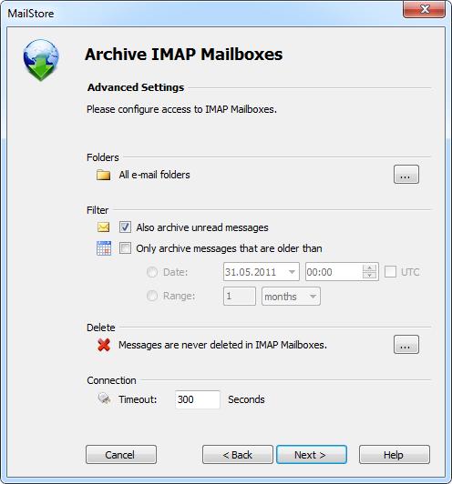 Batch-archiving IMAP Mailboxes 39 If needed, adjust the list of folders to be archived, the deletion rules, the filter and the timeout value in seconds.