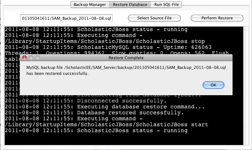 A second warning appears stating that the ScholasticJBoss service will be stopped during the restore.