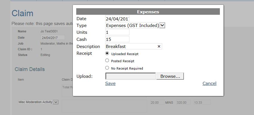 You can add expenses to your claim and upload receipts if you have them in an electronic format.