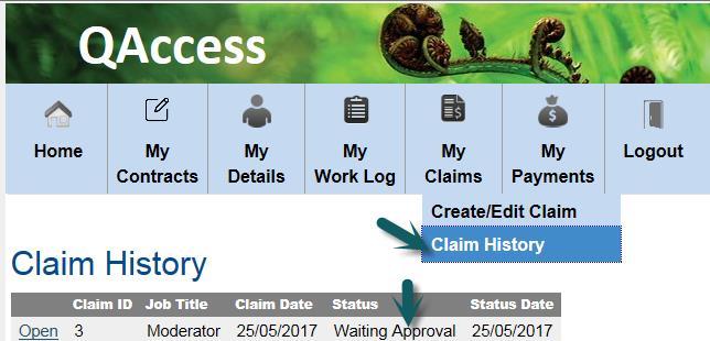 When you have completed and reviewed your claim you can click Submit Claim button. Submitted claims will go through the approval process at NZQA.