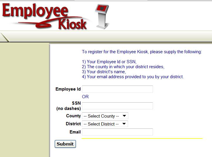 Once logged in, only your Employee ID will be displayed. 3. Click on the drop-down arrow and select your school districts county. 4. Click on the drop-down arrow and select your district. 5.