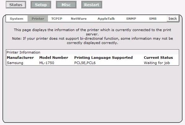 Printer Status 1. Click Status, it then appears the sub-menu. 2. Click Printer, it then as shown in the following picture. Manufacturer: This option allows you to view manufacturer of the printer.