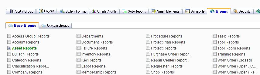 Groups (Report Groups) Tab The Groups Tab of the Report Setup Window allows you to define the report groups in which the current report should be displayed.