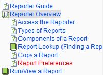 Books that have been opened, such as the Reporter Overview in the example, are shown as an open book, with the contents displayed below.