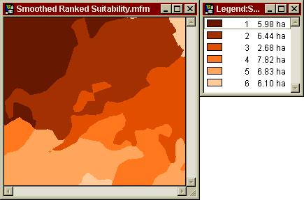 Smoothed Ranked Suitability = Scan Ranked Suitability for Agri Within 3 Median; This Scan operation assigns values to the unassigned cells based on the median value of the nearest neighbour cells: