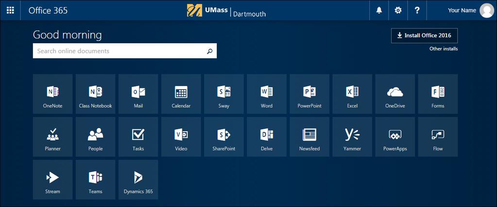 When using the Microsoft Office applications, click the OneDrive UMass Dartmouth button in the Save dialog box, as shown below. Then save as you would normally.