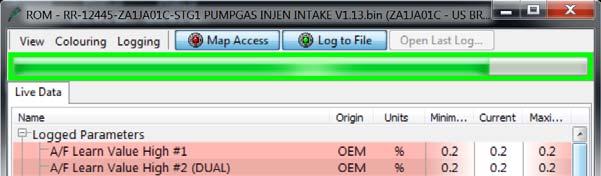 7. Once Log To File is enabled, you will see the button itself highlighted (just like the Map Access button) and the RED rectangle from before will change to GREEN to confirm that the data is now