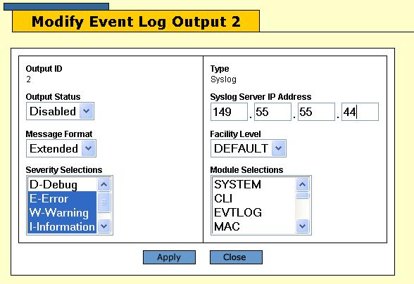 Chapter 9: Event Logs and the Syslog Client Modifying Syslog Output Definitions To modify a syslog output definition: 1. From the Home page, click the Configuration button. 2.