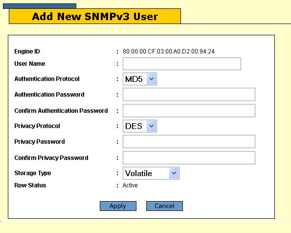 AT-S63 Management Software Web Browser User s Guide Figure 39. Add New SNMPv3 User Page 5. Configure the parameters, described in Table 22,