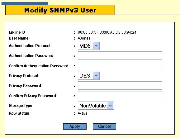 Chapter 11: SNMPv3 Figure 40. Modify SNMPv3 User Page 5. Modify the parameters as needed. The parameters are described in Table 22 on page 135. 6.
