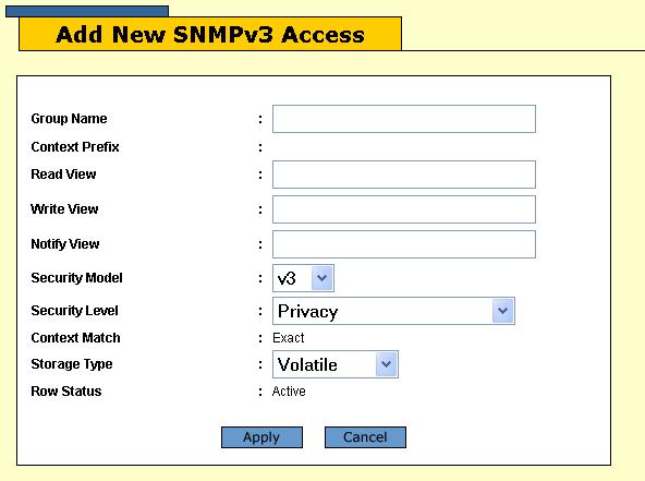 AT-S63 Management Software Web Browser User s Guide Figure 45. Add New SNMPv3 Access Window 5. Configure the parameters, described in Table 24,