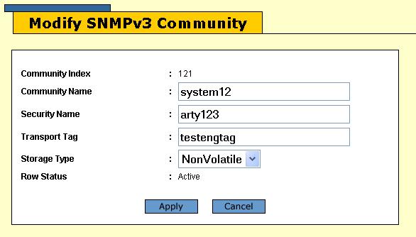 AT-S63 Management Software Web Browser User s Guide Figure 61. Modify SNMPv3 Community Page 5. Modify the parameters as needed. The parameters are described in Table 28 on page 164. 6. After modifying the entry, click the Apply button.