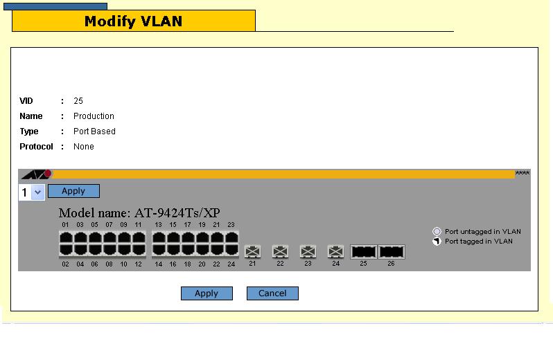 Chapter 13: Port-based and Tagged VLANs Adding or Removing VLAN Ports This procedure is used to add or remove ports from tagged or untagged VLANs.