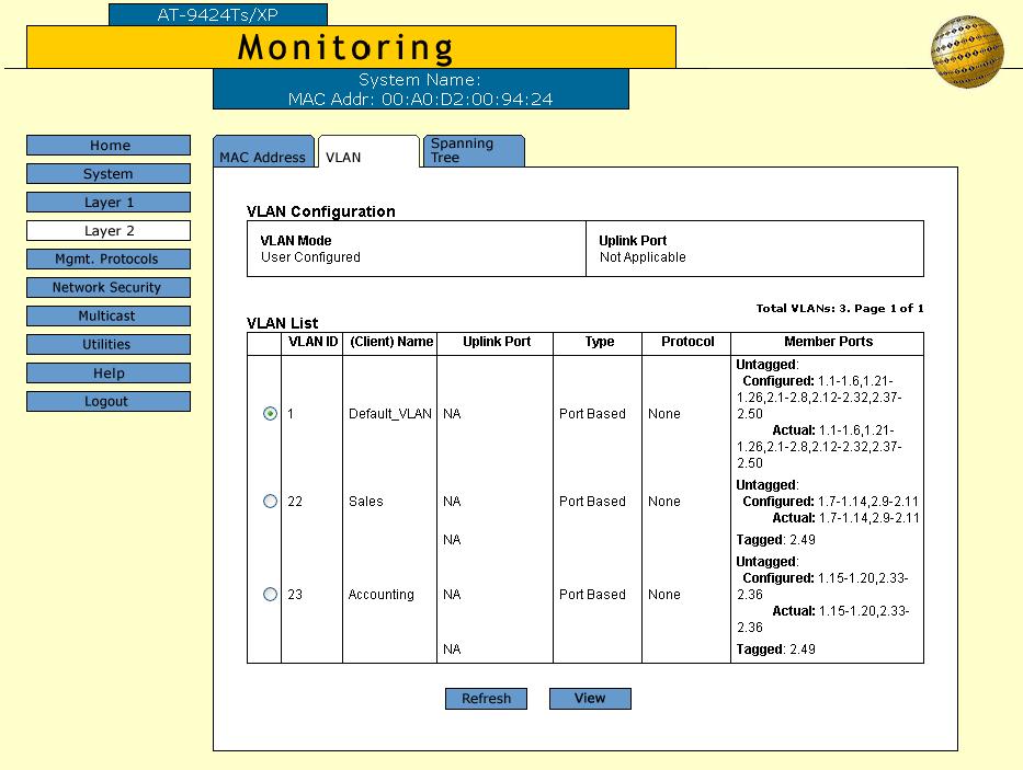 AT-S63 Management Software Web Browser User s Guide Displaying VLANs To display the VLANs from an operator session: 1. From the Home page, click the Monitoring button. 2.