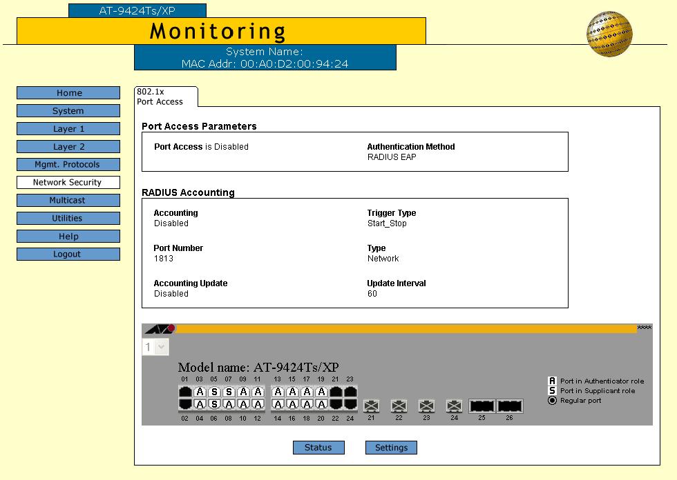 AT-S63 Management Software Web Browser User s Guide Displaying the Port Parameters and Port Status To display the parameters or the status of authenticator and supplicant ports: 1.