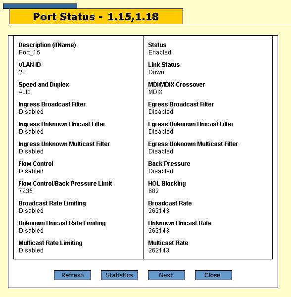 AT-S63 Management Software Web Browser User s Guide Figure 9. Port Status Page If you selected more than one port, use the Next and Previous buttons to toggle through the ports.