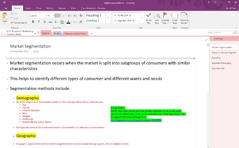 Adding content and features: There are a wide variety of features to add content to a OneNote, including: Tags discussions templates links to emails and meetings drawing with stylus or fingertip