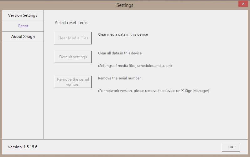 Choose Reset to select reset items including Clear Media Files, Default settings, and Remove the serial