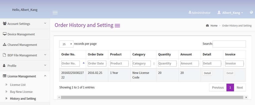 10. You can check your order history by clicking History and Setting under License Management.