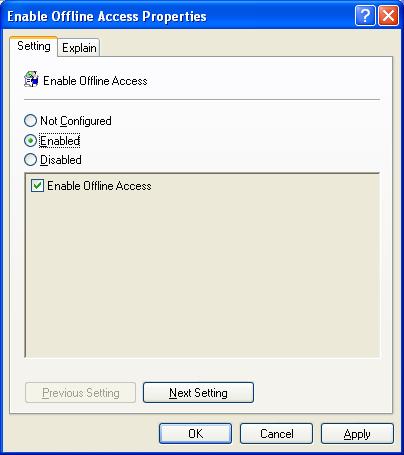 Enabling/disabling Offline Access If Offline Access is not enabled by Group Policy, then all other Offline Access policy settings are ignored.