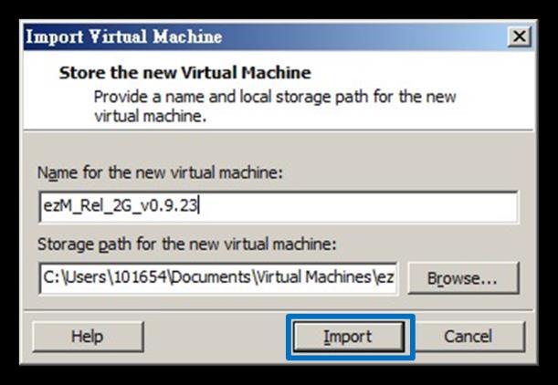 Locate and select the ezmaster VM image file (.ova), then press "Import".