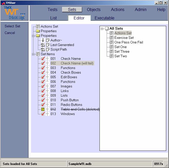 Figure 5-3: The Select Set View in TMXwr allows for the selection of other sets as well as tests into the current set. The options available in the Select Set view include Select Set and Cancel.