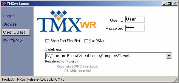 Enter User ID & Password Current Database Figure 2-1 TMXwr Login Enter in the desired User ID and Password where indicated. Make sure that the SampleWR.mdb is displayed in the Database list.