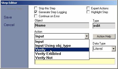 Figure 2-16 The Step Editor action drop-down list. 22. Once Verify has been selected, TMX adds a field in the Test Step Editor window for entry of the Expected Value.
