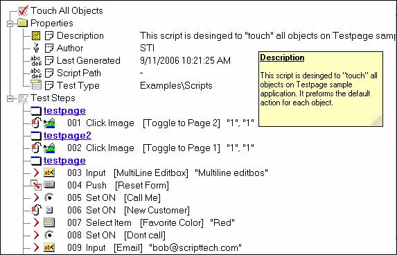 Figure 4-12: The "Stickynote" contains the complete contents of the select property and remains visible while editing test cases. Double-clicking on the note closes the view.