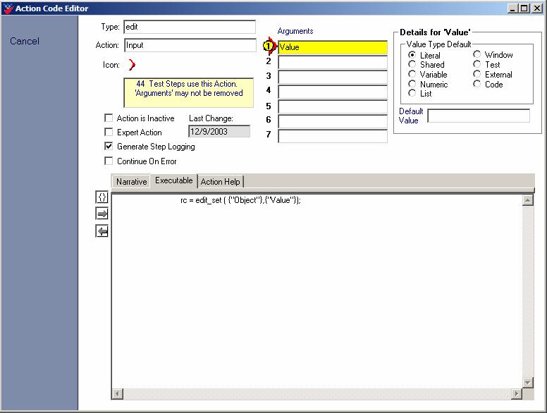 Figure 4-16: The Show Action Definition function allows the user to view the details associated with the actions for the selected test step. To return to the Tests Editor, select the Cancel button.