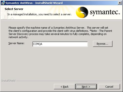 11. Enter the Symantec AntiVirus Server Name and Click Next (Figure 6). Figure 6.