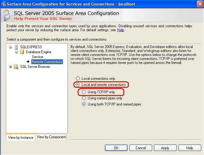 Select Remote Connections Set local and remote connections and use TCP/IP Click APPLY and OK Further Requirements For SQL Server Express, the Local System Account is Network Service Account.