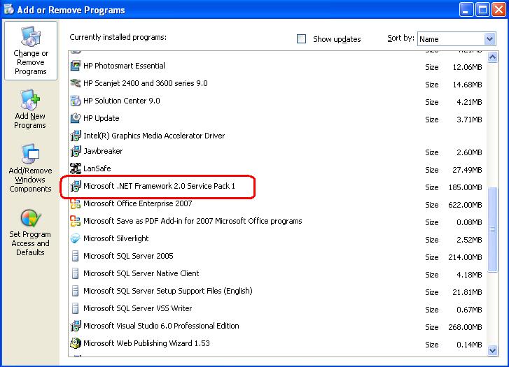 On Server Microsoft Dot Net Framework (Windows Vista has this already installed) To identify if this has been installed at the start menu, select control panel and then Add remove programs Scroll