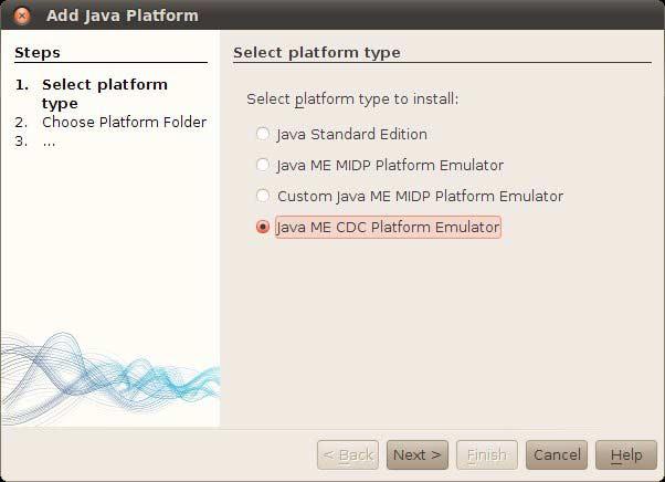 On the Select platform type page, select Java ME CDC Platform Emulator. b.