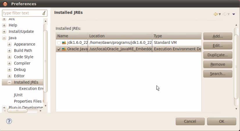 The Installed JREs panel lists Oracle Java Micro Edition Embedded Client 1.0 as an installed JRE. 7.