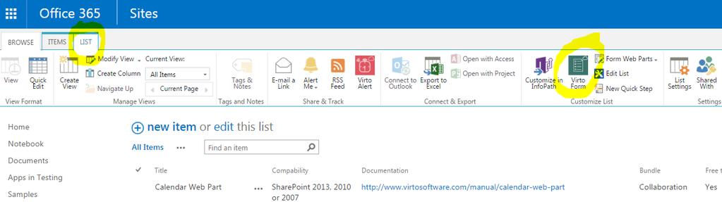 Virto SharePoint Forms for Office 365 Administration and Usage 5 SharePoint Forms for Office 365 Adding New Form Go to a required list in your SharePoint and switch to Library or List tab.