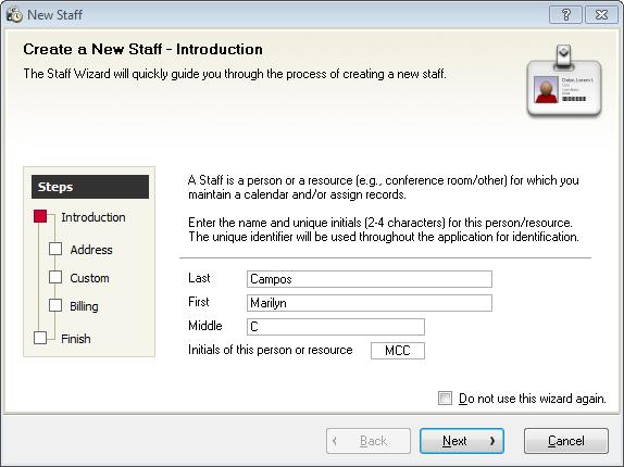 Create a Staff for a new user account When you create a user account using the New User Wizard, you are prompted to choose whether to assign the new user an existing Staff or to create a new Staff