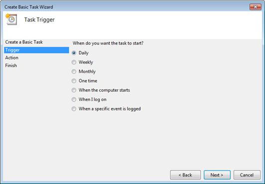 4. Enter a task name and a brief description. Click Next. The Task Trigger page opens. 5.