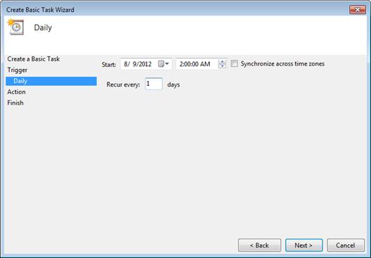 6. Select a date and time that the backup processes will begin. Click Next. The Action screen opens. 7.