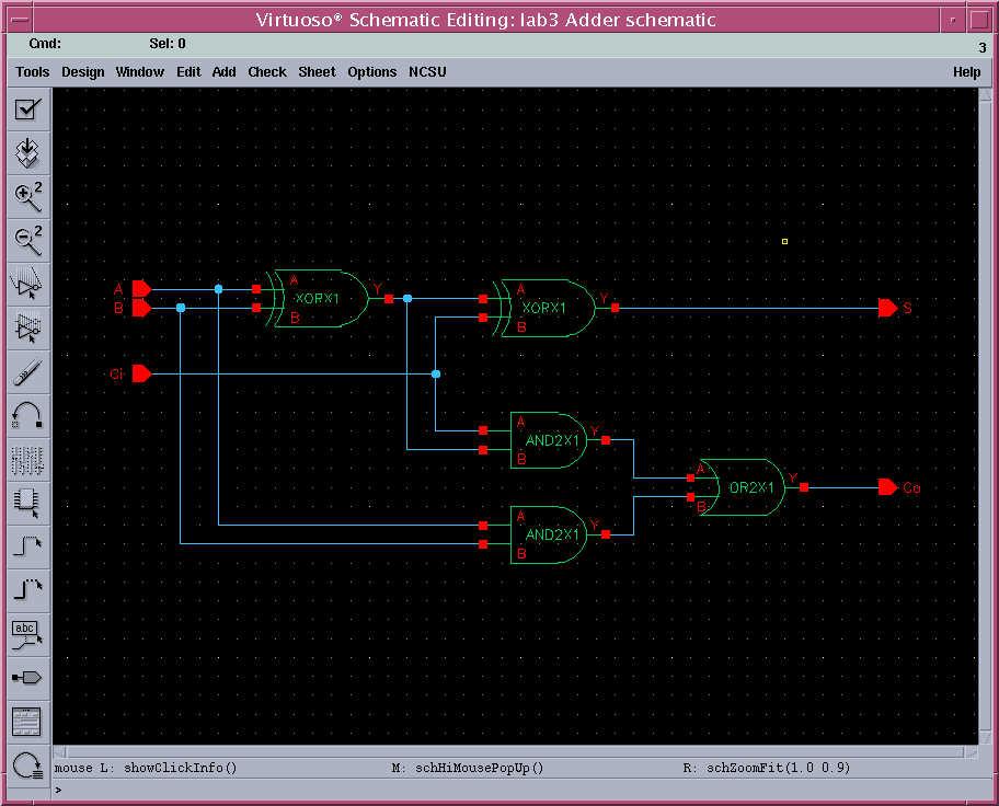 As was done in tutorial 2, add a new cell to your new library to contain the schematic of the Full Adder circuit and build it as shown in Figure 1.
