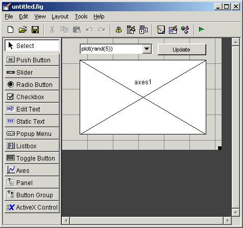 Selecting a GUI Template GUI with Axes and Menu The template for a GUI with axes and
