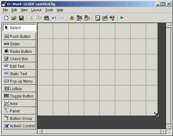Setting the GUI Size Setting the GUI Size Set the size of the GUI by resizing the grid area in the Layout Editor. Click the lower-right corner and drag it until the GUI is the desired size.